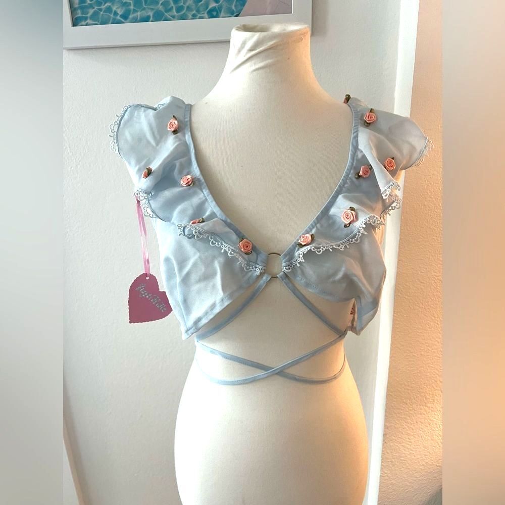 Dolls Kill Sugar Thrillz Baby Blue Coquette Rosebud Bustier Top XL BNWT